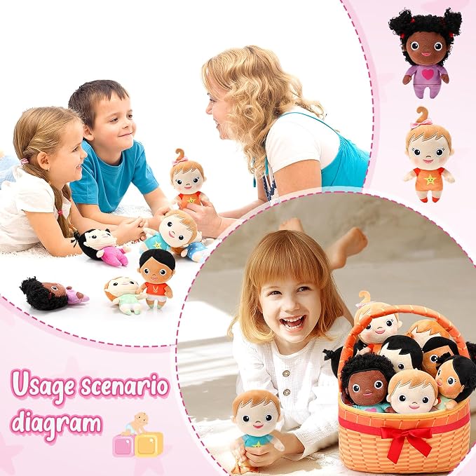 HyDren 10 Pcs Gifts for Children's Day Kids Multicultural Plush Dolls with Basket Diverse Soft Stuffed Dolls Inclusive Toys for Preschool Classroom Daycare Cultural Awareness Gift Set for Boys Girls