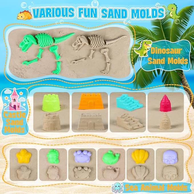 ERHAlCAT Beach Sand Toys, Dinosaur Fossil Molds, Sandbox Toys with Collapsible Bucket, Sand Castle Building Kit, Shovel, Rake and Mesh Bag, Outdoor Summer Travel Toys for Kids Ages 3-12