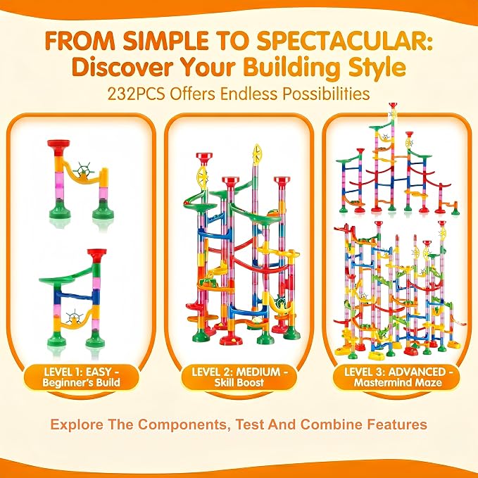 232 PCS Marble Run STEM Building Toys for 3+ Years, Creative Marbel Run with 45 Colourful Plastic Marbles, Educational Construction Track Set, Gift for 3 4 5 6-8-12 Year Olds Boys Girls