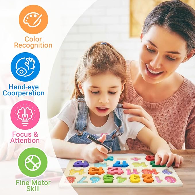Attmu Number Puzzle Wooden Puzzles for Toddlers Toy, Shape Learning Toys with Puzzle Board & Number Blocks, Preschool Educational Toys Gifts for Girls Boys