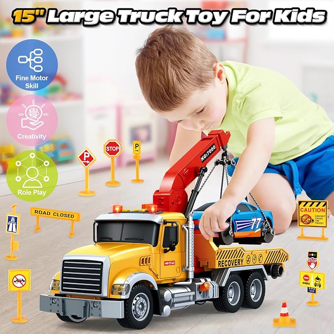 SpringFlower 15" Large Tow Truck Toy, Toy for 3 4 5 6 Years Old Boy Toddlers, Truck Vehicle with Racing Car, Traffic Signs, Working Hook, Light Sound, Birthday Gifts for Boys & Girls