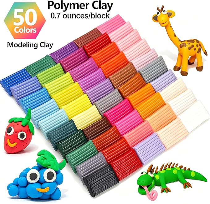 CiaraQ 50-Color Polymer Clay Oven Bake Modeling Kit for Kids & Artists | Non-sticky & non-toxic. 2.8 lb. With sculpting tools. Classroom & Home Use. Fun gift for Children & artists. Ages 4+.