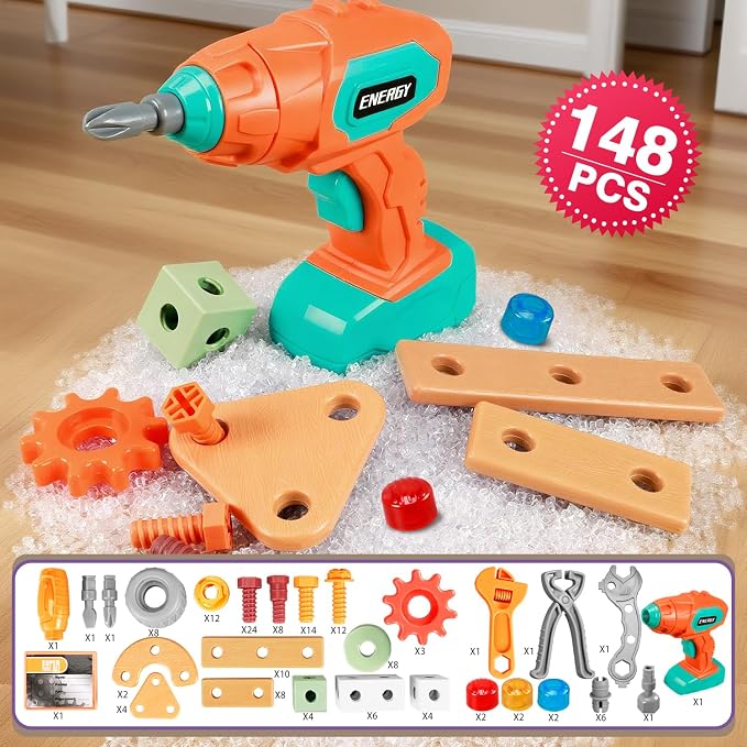 Kids Tool Set with Drill,148Pcs Toddler Tool Set with Toolbox,STEM Montessori Toys for 3 4 5 Year Old,Pretend Play Kid Toy,Educational Construction Toy for 3-5 Year Old Boy Girl,Birthday Gift for Kids