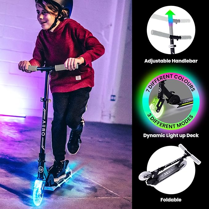 Aero Scooter for Kids 5-8 | Dynamic Lights, Hand Brake & Shock Absorption | Boys Girls 2 Wheels Kick Scooter | Foldable & Height Adjustable
