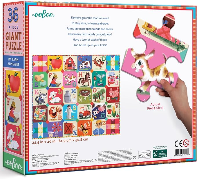 eeBoo 36 Piece Giant Floor Puzzle - My Farm Alphabet Themed, Large Pieces for Small Hands to Develop Motor Skills