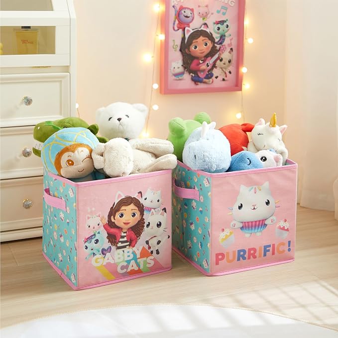 Gabby’s Dollhouse Set of 2 Collapsible Storage Cubes with Carry Handles, Kids Room & Playroom Organizer Bins, 10” x 10”