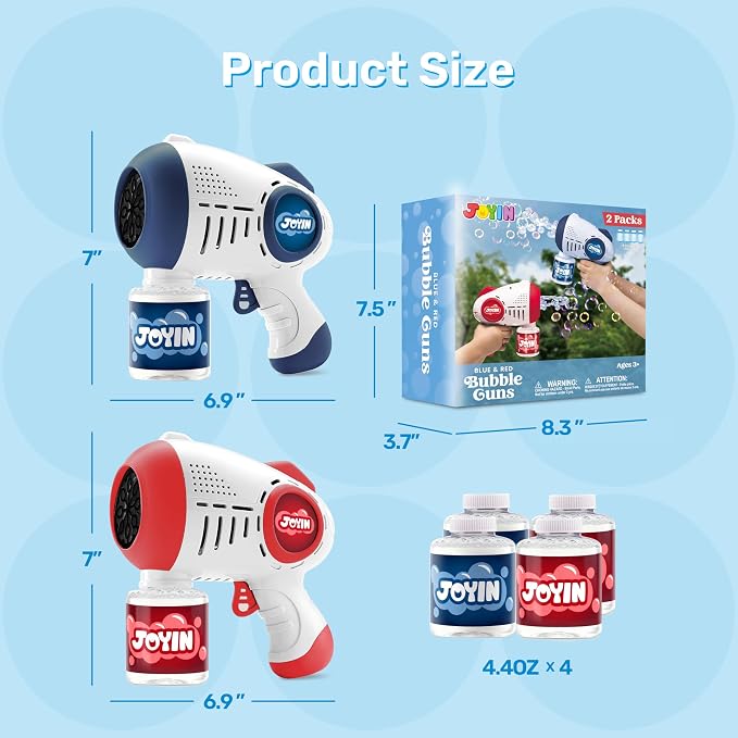JOYIN 2 Kids Bubble Guns with 4 Bottles Solution, Automatic Bubble Machine Gun with 8 Holes for Kids, Adults, Summer Toys, Easter Basket Stuffers, Birthday Gift, Party Favors-Blue,Red