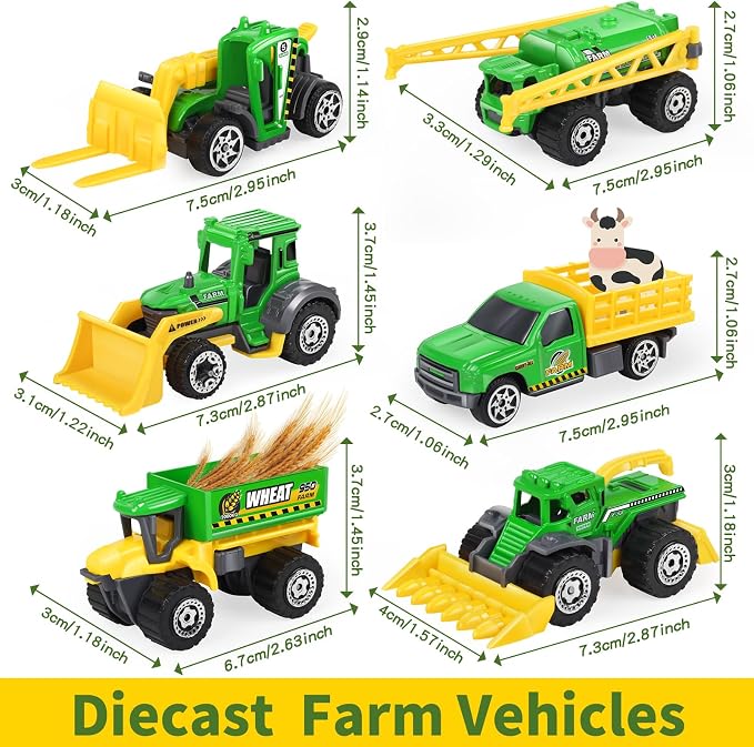 Oriate 6pcs Kid Diecasting Farm Car Toys Set, Harvester, Transporter, Truck, Sprayer Small Farm Toys, Mini Cars Model Christmas, Birthday, 3 Years Old and Up Gifts for Boys Girls
