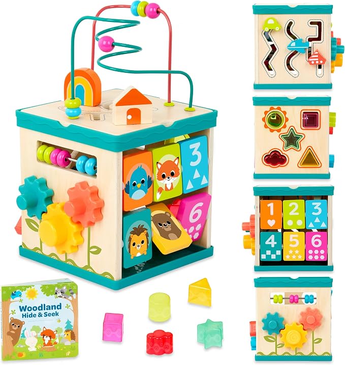 B. toys – Tabletop Activity Cube – Educational Storybook Included – Wooden Shape Sorter, Bead Maze, Animal Tiles – Top Flips for Compact Storage – 12+ Months – Lil' Learning Cube
