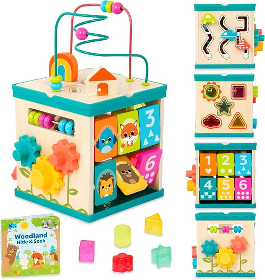 B. toys – Tabletop Activity Cube – Educational Storybook Included – Wooden Shape Sorter, Bead Maze, Animal Tiles – Top Flips for Compact Storage – 12+ Months – Lil' Learning Cube