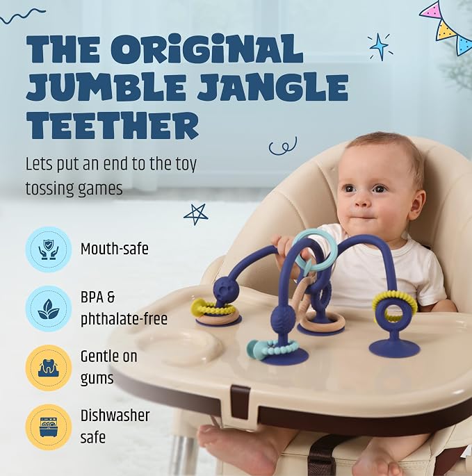 Jumble Jangle Baby Teething Toys – BPA-Free, Multi Purpose High Chair Toys & Sensory Toys for Kids with Autism: Suction Teething Relief with Sensory Toy Textures for Infants & Toddlers (Dark)
