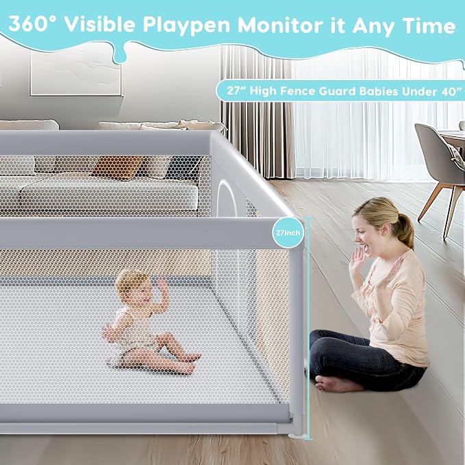 Fshibila 79" ×79" Extra Large Baby Playpen, Baby Playard for Babies and Toddlers, BabyFence Play Pens for Indoor & Outdoor, Sturdy Safety Play Yard with Soft Breathable Mesh, Anti-Fall, Grey