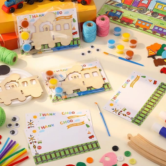 Seenelling 24 Set Train Birthday Party Favor Craft Include 24 Pcs DIY Wooden Painting Art Kit 24 Pcs Magnets 24 Gift Card 24 Wood Coloring Paint Gift 24 Transparent Bags Bulk for Classrooms Supplies