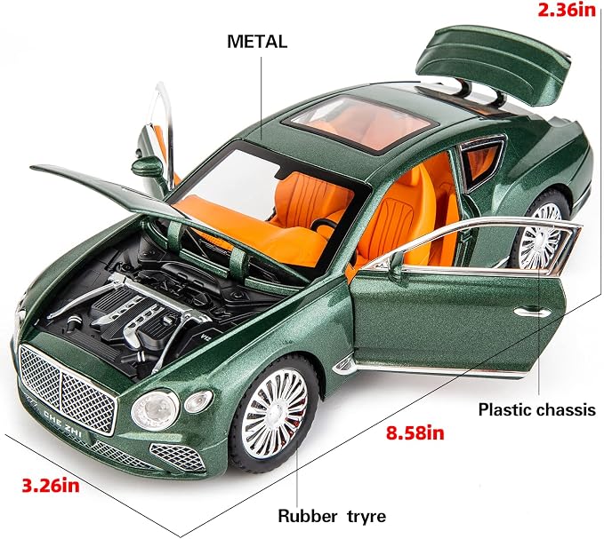 WAKAKAC Toy Car Compatible for 1/24 Bentley Continental GT Model Car Alloy Diecast Collectible Pull Back Car Toy Door Can Be Opened for Boys Girls Gift(Green)