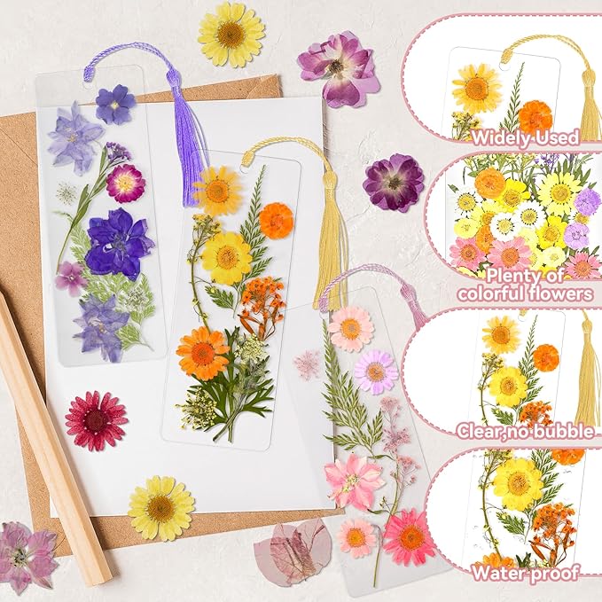 kmfosaat 344 Pcs Pressed Flower Bookmark Making Kit, 50 Laminating Pouches with 242 Dried Flowers, 50 Tassels, Tweezer and Punch, Party DIY Crafts Bookmark for Reading Women Kids