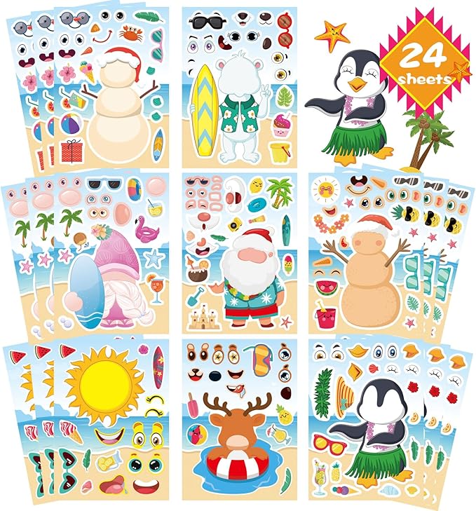 24 PCS Summer Stickers for Kids, July Christmas Make a Face Sticker, Make Your Own Sticker Sheets Chirstmas Santa Claus Hawaiian Tropical Style Stickers for July Party Games Decorations Supplies