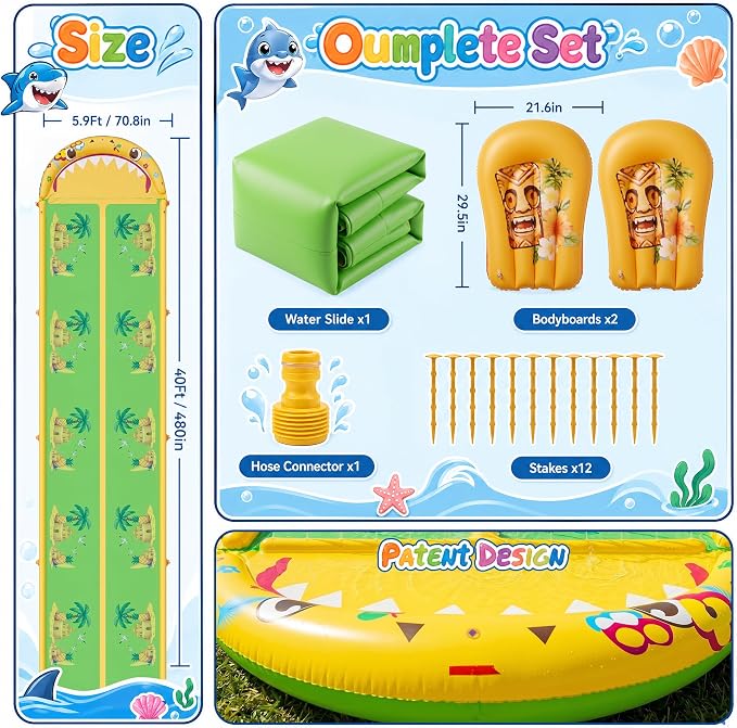 40×5.9FT Heavy Duty Slip and Slide with Sprinkler and 2 Boards, Water Slide for Adults with 3-Way Water Sprinkler, Giant Slip n Slide for Outdoor Backyard Lawn Kids Teens and Adults (Yellow&Green)