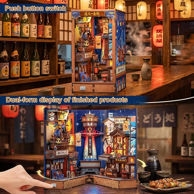Cutefun Book Nook Kit - DIY Miniature Japanese Osaka Shinsekai Alley | 3D Wooden Puzzle 370 Pcs Bookshelf Insert with LED Light, Vintage Food Street Decor for Adults (Tsutenkaku Ichiban Street)