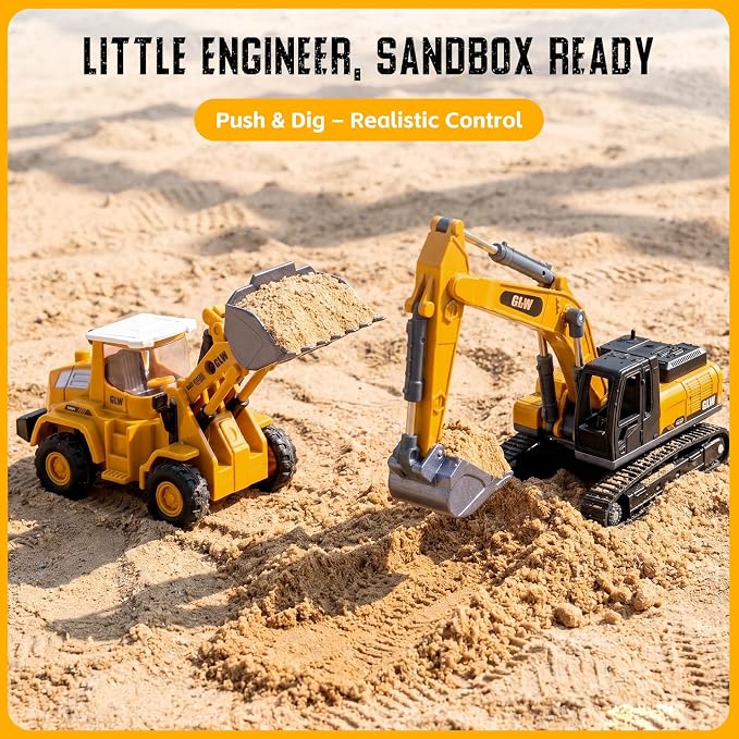Alloy Die-Cast Construction Vehicles Toys Set w/Semi Truck, Excavator & Bulldozer - Real Lights & Sounds, Movable Parts - Learning Toys Gift for 3-7 Year Old Boys Girls