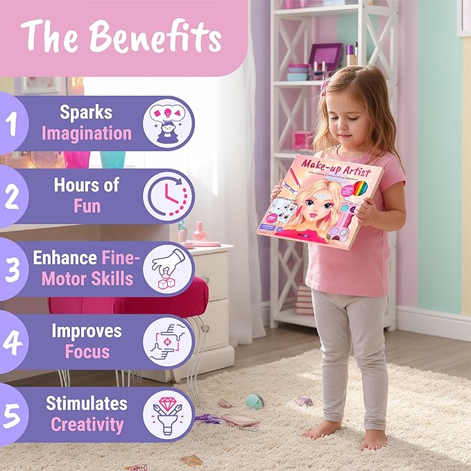 BSCOOL Make-up Artist. 3 in 1 Fun Makeup, Sticker, Coloring Kit, Includes Color Pencils, Makeup Palette, and 200+ Stickers. for Girls Ages 5,6,7,8. Make Up Style Coloring Book. Gift for Girls