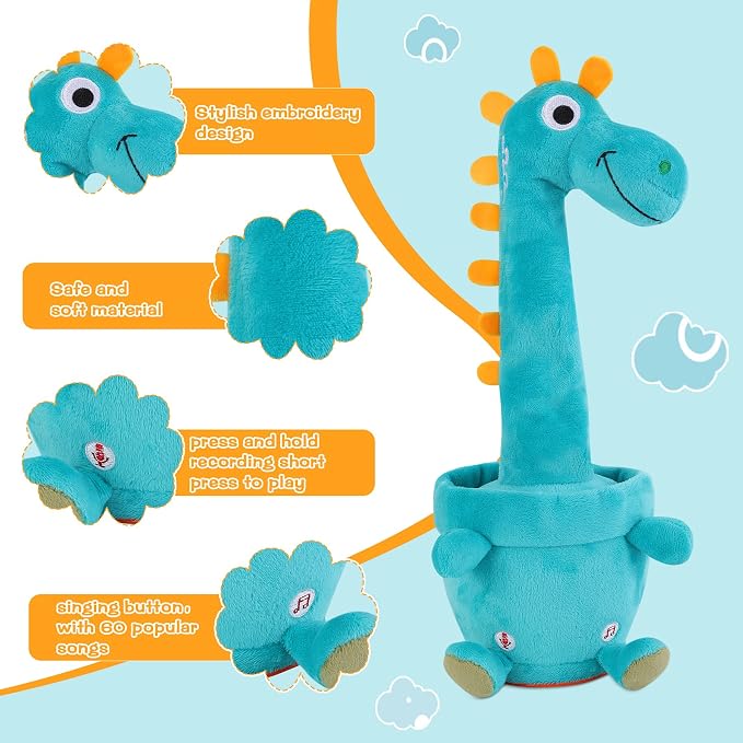 Dancing Talking Giraffe Toy, Stuffed Animal Baby Toy Repeating What You Say, Glowing Musical Giraffe Gifts for Toddlers 1-3 Years Old, for Kids (Dancing Dinosaur)