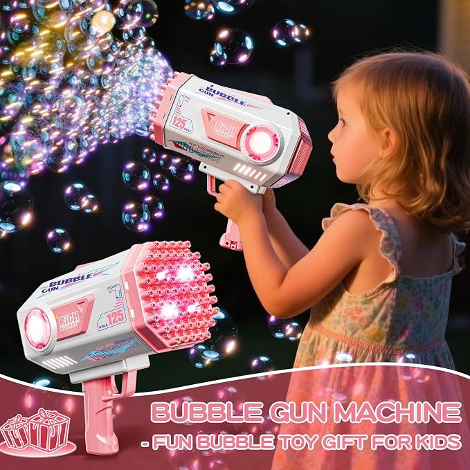 Deserthome Bubble Gun, Upgraded 125 Holes Bubble Guns for Wedding, Pink Bubble Machine for Kids Age 3 4 5 6 7 8 9 10 11 12 Year Old, Big Bubble Blower Gun with Lights, Easter Outdoor Party Favors
