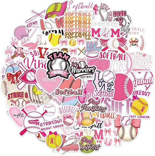 QTL Pink Softball Stickers for Girls Teens, Softball Party Supplies, Waterproof Vinyl Stickers for Water Bottle Laptop, 50Pcs