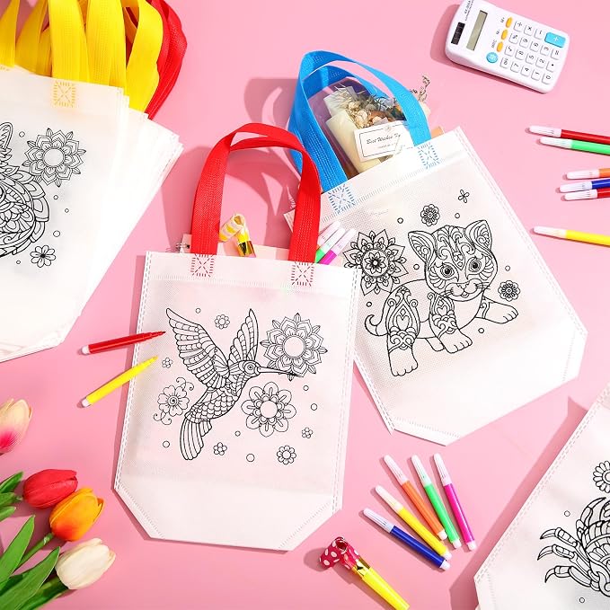 Pasimy 72 Pcs Mandala Animals Coloring Set Include 24 Mandala Animal Coloring Books 24 Color Your Own Gift Bags 24 Sets Markers for Kids DIY Painting Art Birthday Party Favor Classroom Activity Craft