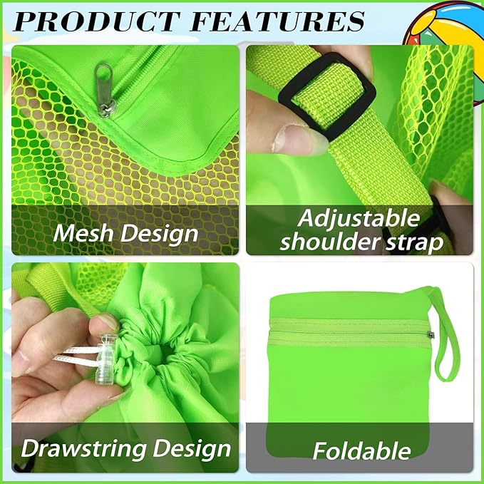 INVODA Mesh Beach Bag Drawstring Beach Backpack Foldable Toy Organizer Bag Shell Adjustable Straps Large Capacity Swim Bag