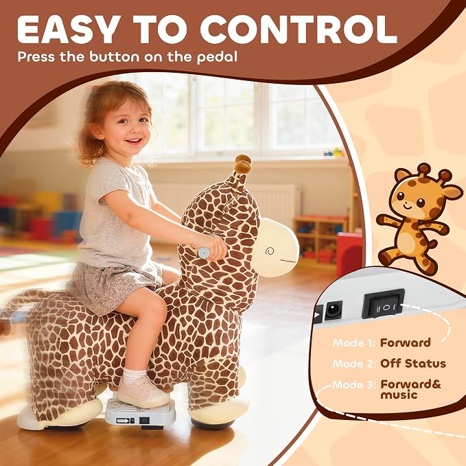 Qaba 6V Kids Ride On Horse, Battery Powered Ride on Toy, Giraffe Shaped Electric Riding Animal with Washable Plush Cover, Music, PU Wheels, Foot Pedal, Forward, for Girls Boys Aged 1.5-5 Years, Brown