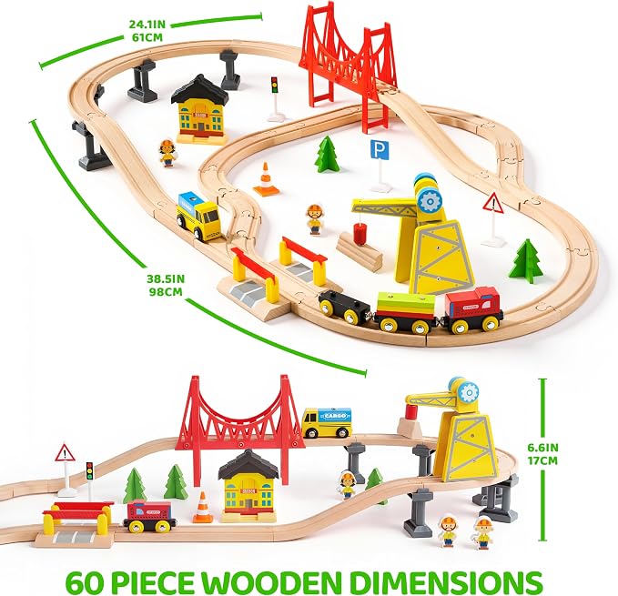60PCS Wooden Train Set - Toy Magnetic Trains with Wooden Track Set for Kids Ages 3-8, Construction Crane Railway Set, Perfect Easter Birthday Gift for Grandkids Toddlers Boys Girls
