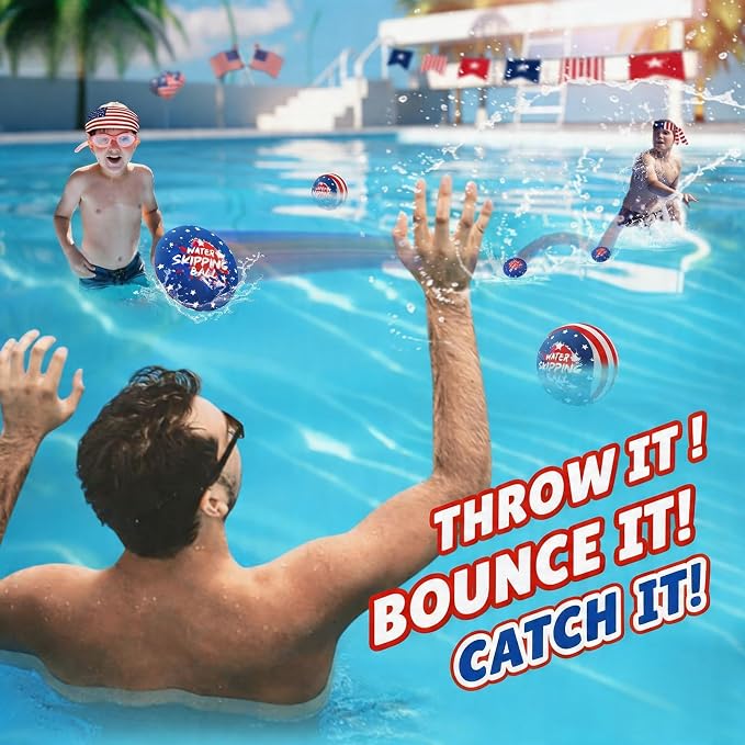 5 Pack Water Bouncing Ball, 4th of July Splash Skip Water Balls for Fly Swimming Pool Games, 5 Pack Colorful Skipping Balls for Kids 4-8-12 and Adult, Summer Toys Gifts Independence Day Water Party