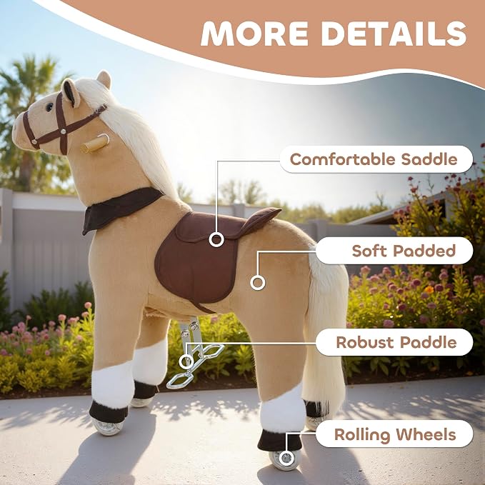 Qaba Ride on Horse for Kids 3-5 Years, 31.5 Inch Height Plush Riding Pony, Walking Horse Animal with Rolling Wheels for Active Play, No Batteries Required, Brown