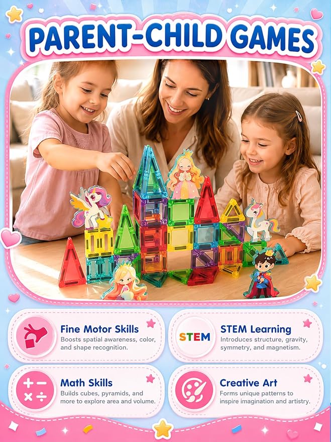45PCS Mini Magnetic Tiles for Kids Ages 3-8, Travel Magnetic Building Blocks Set with 5 Fairytale Figures, STEM Toys for Girls Boys, Portable Tin Case, Princess Unicorn Magic Castle