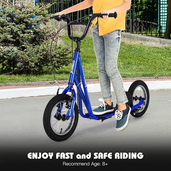 GYMAX Scooter, Kids & Adults Off-Road Scooter with 12" Inflatable Wheels, Adjustable Height Handlebar, V-Type Handbrakes & Axle Pegs for All Terrain, 8+