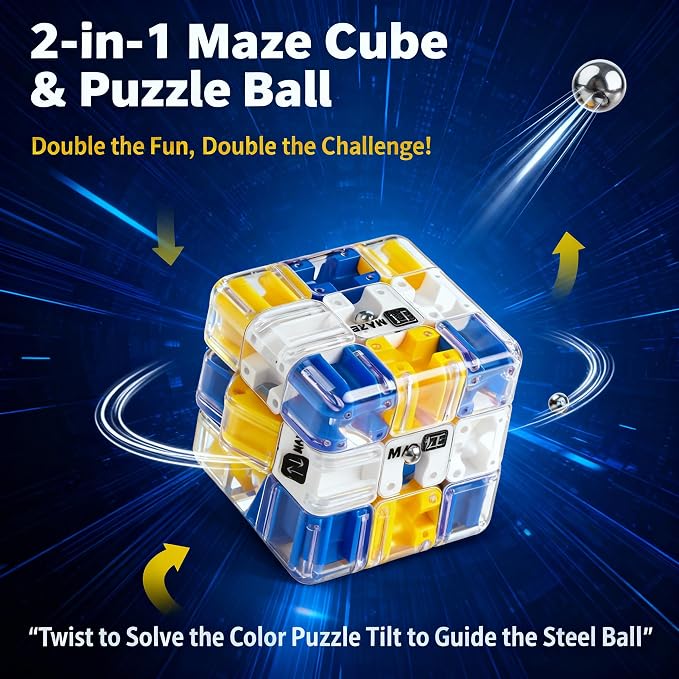 3D Maze Cube - 2-in-1 Twist & Roll Brain Teaser Toy for Kids & Adults, Large Labyrinth Logic Game, Educational STEM Gift for Boys Girls (Blue)