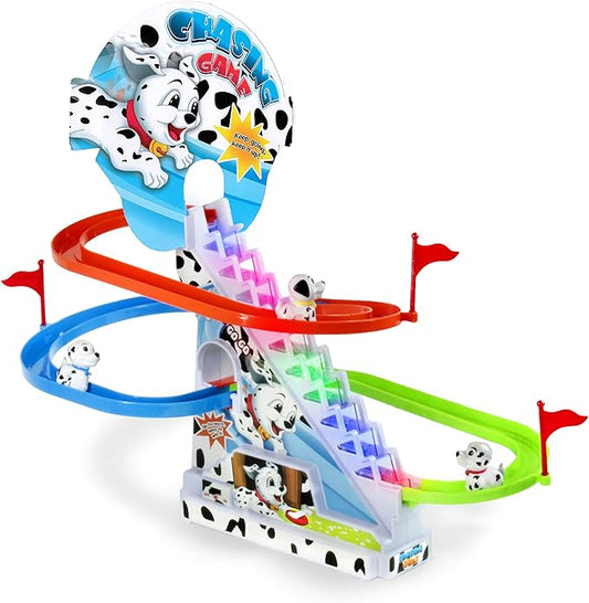 Dalmatian Puppy Slide Toy Set: Playful Stair Climbing Puppies for Chase Fun with Sliding Tracks, Music On/Off Switch for Quiet Play | Interactive Puppy Toy for Kids Toddlers Boys & Girls