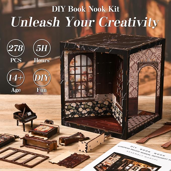 DIY Miniature House Kit, Book Nook Kit, A Scene on Every Side, 3D Wooden Puzzles Bookshelf Craft Kits, Dollhouse Kit with LED Light, Mini Building Kit for Adults Teen (European Melody Instrument Box)