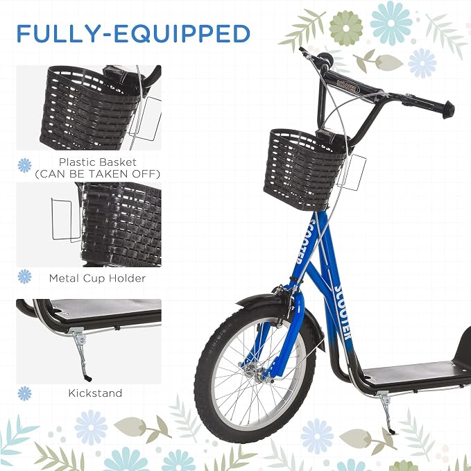 Aosom Youth Scooter, Kick Scooter with Adjustable Handlebars, Double Brakes, 16" Inflatable Rubber Tires, Basket, Cupholder