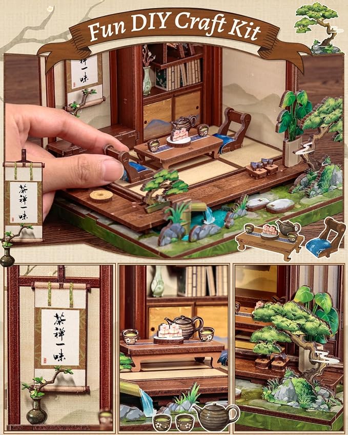 CUTEBEE Book Nook Kit - DIY Miniature House Japanese Tea House, Dollhouse Kit for Adults and Teens, Tiny House Bookshelf Decor 3D Wooden Puzzle, Gifts for Family, Friends(Kirishima Cha-an)