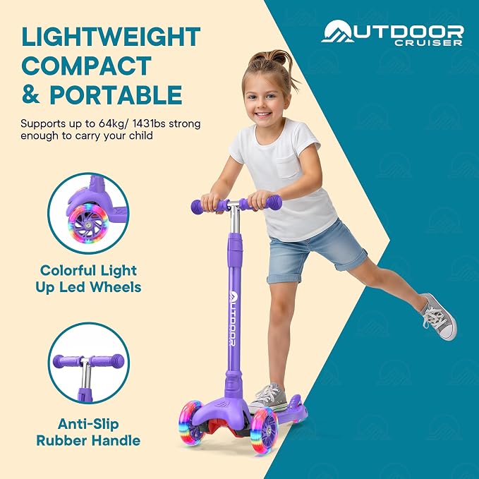 Outdoor Cruiser 3-wheel Kids Scooter – With Lean-to-steer Technology, Wide Deck, Led Lighted Wheel, 4-level Adjustable Height T-bar Handle, Support Kid Up to 150 Lbs, for Boys & Girls Ages 3-8, Purple