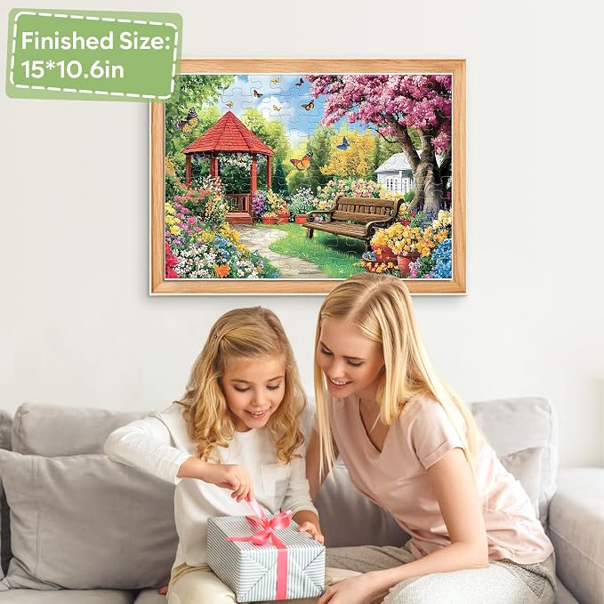 Jeacirio 100 Piece Garden Puzzle for Seniors, Large Piece Jigsaw Puzzle with Colorful Flowers, Butterflies, Gazebo and Spring Garden Scene, Relaxing Activity Gift for Older Adults and Families