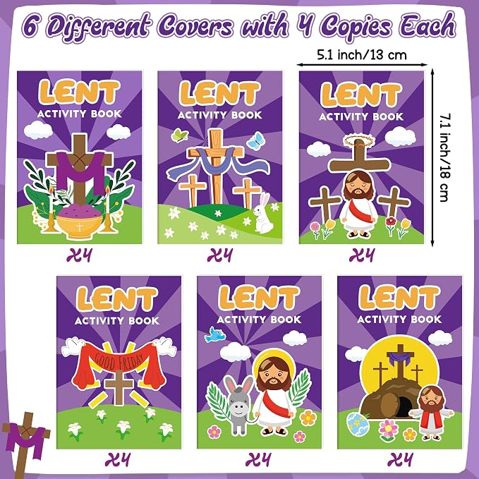 Easter Lent Activity Books for Kids - 24Pcs Christian Lent Mini DIY Games Coloring Book Set Bulk Mazes Word Search Word Scramble Games for Sunday School Classroom Easter Spring Holiday Party Favors