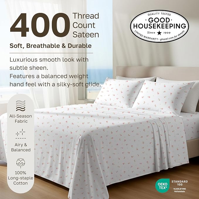 California Design Den Soft 100% Cotton Queen Size Bed Sheets Set, 400 Thread Count Good Housekeeping Award Winner, Smooth Sateen Finish, Deep Pockets, Cozy & Durable Queen Bedding Set - Soft Floral