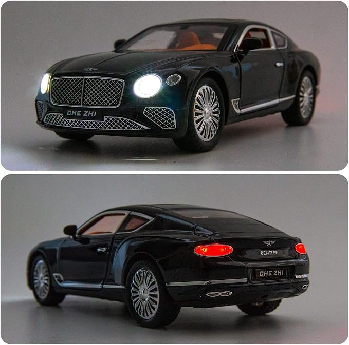 WAKAKAC Compatible for 1/24 Bentley Continental GT Model Car Alloy Diecast Toy Car Collectible Pull Back Toy Vehicles with Sound and Light Door Can Be Opened for Girls Boys Gift(Black)