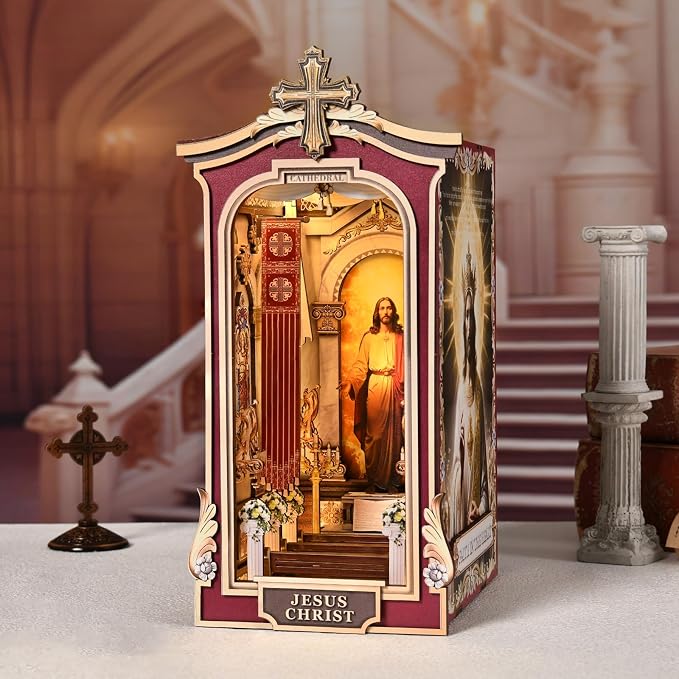 Book Nook DIY Kit,3D Wooden Puzzle with LED Bookend Bookshelf Decoration,Miniature Doll House for Home Decor, Jesus Christ Spiritual Gift,Cathedral