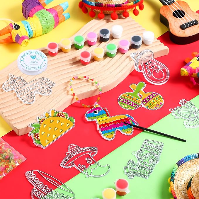Pasimy 36 Sets Cinco De Mayo Suncatchers Craft Kits Mexican Fiesta DIY Paint Window Hanging Ornaments Decorations Taco Piñata Maracas Classroom Activities Arts Birthday Gifts Mexican Party Favors