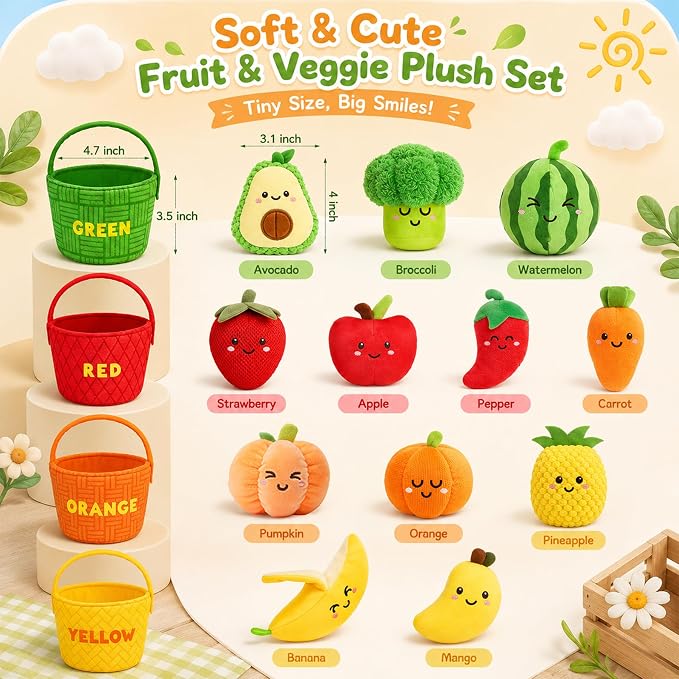 Montessori Baby Sensory Toys 6-12 Months - 16PCS Soft Plush Fruits & Vegetables Basket with Crinkle, Rattle & Color Sorting, Fine Motor Skills Learning Toy for 1 Year Old Toddlers Boys Girls