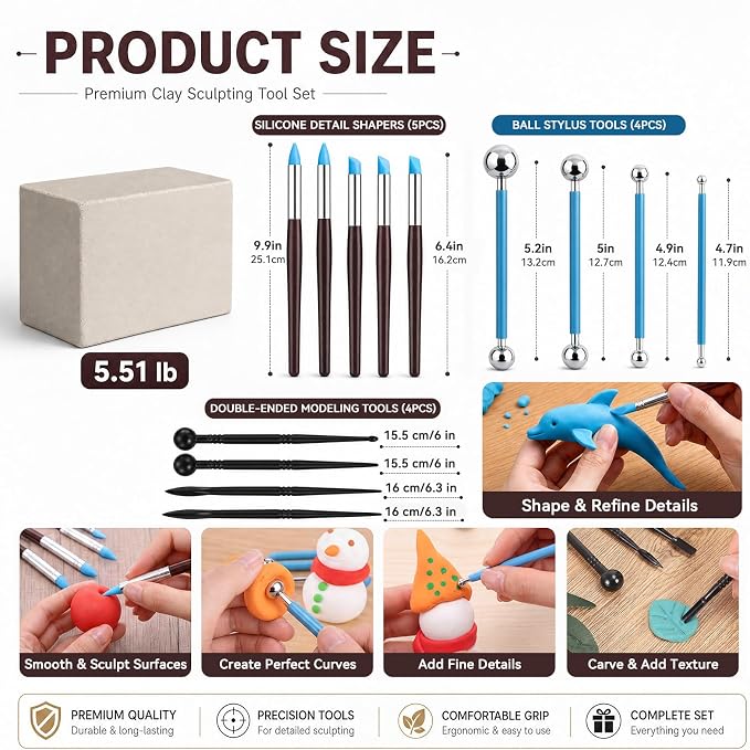 Gersoniel Air Dry Clay Kit 5.51lbs Pottery Clay with 40 Pcs Pottery Tool Sculpting Tool Set All-Purpose Modeling Clays DIY Painting Making Set with Paint, Sculpting Tools, Storage Bag, Craft Lover