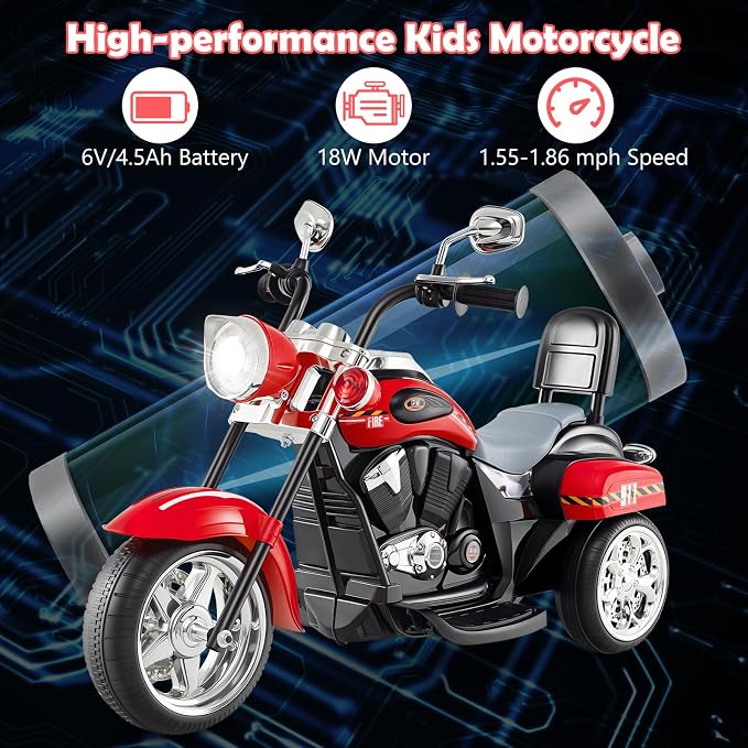 Costzon Kids Motorcycle, 6V Battery Powered Ride on Chopper Motorcycle w/Horn, Headlight, 3-Wheel Stable Ride on Toys, Electric Toddler Motorcycle for Kids, Gift for Boys Girls (Fire Red)